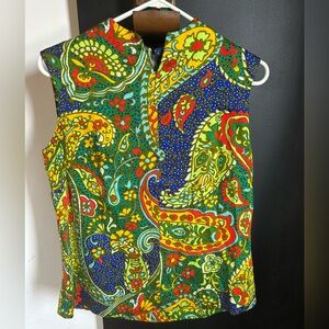 Vintage 60s/70s Psychedelic Sleeveless Zip Blouse Top Size M